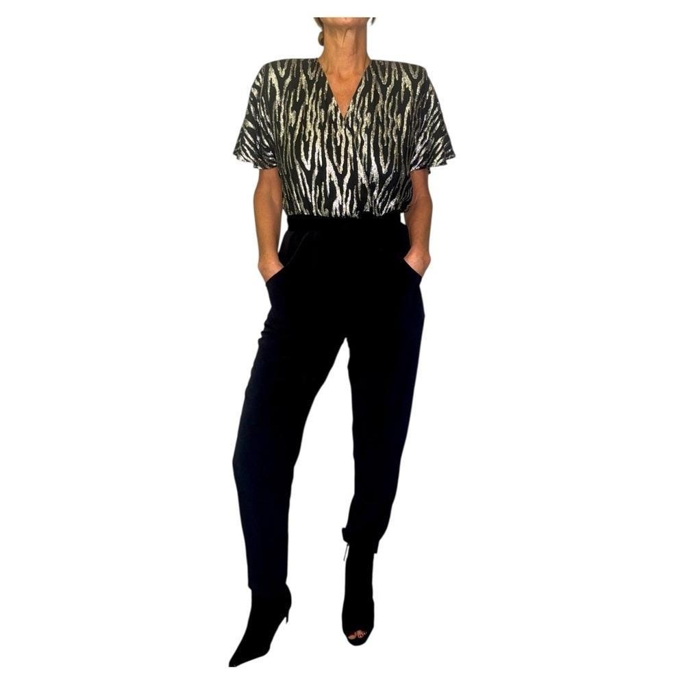 Vintage 80s Disco Metallic Silver & Black Tiger Striped Jumpsuit Sz S